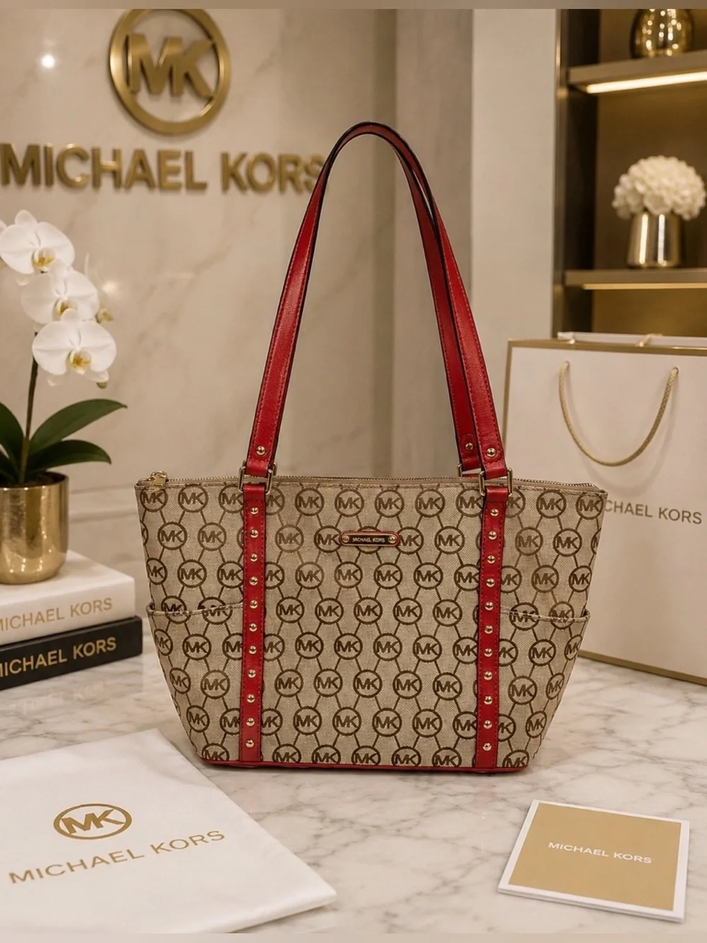 Michael Kors Signature MK Logo Tote – Red Leather Studded Trim